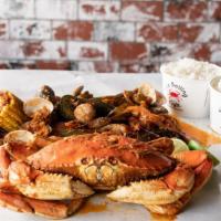 Dungeness Crab Large Combo · All Combos come with: 1/2 pound of Shrimp, 1/2 pound clams, 1/2 pound mussels 2 corn, 3 pota...