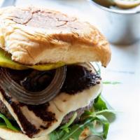 A&G Burger & Fries · 6oz beef burger, queso blanco cheese, roasted red onion, arugula, red pepper sofrito