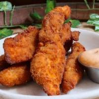 Schnitzel Fingers · Six breaded and fried chicken strip cutlets with homemade spicy mayo.