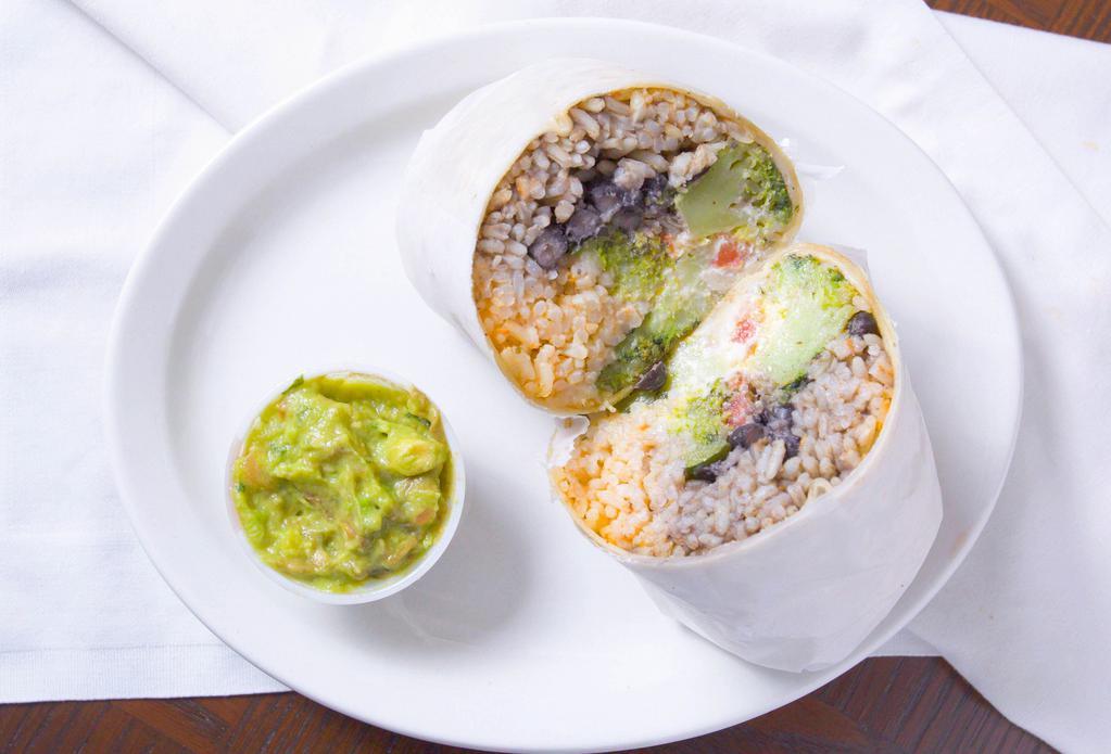 Burritos · Burritos are served with choice of rice and beans, a choice of meat, shredded lettuce, chopped tomatoes, Mexican sour cream, and queso fresco with a side of guacamole.