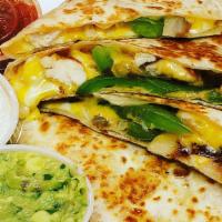 American Quesadilla · Cheddar jack cheese with grilled peppers, onions on a plain or whole wheat flour tortilla. S...