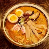 Miso · Miso based soup with braised pork belly (chashu), scallion, soy sauce egg, shredded chili pe...