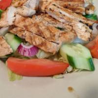 Grilled Chicken Portobello Salad · Tri-color salad with grilled chicken, portobello mushrooms, red onions, tomatoes, and roaste...
