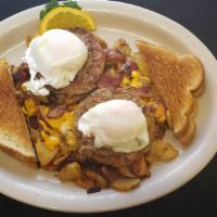 5 Mile Plate · Two poached eggs over home fries, sauteed onions, sausage patties and cheddar cheese topped ...