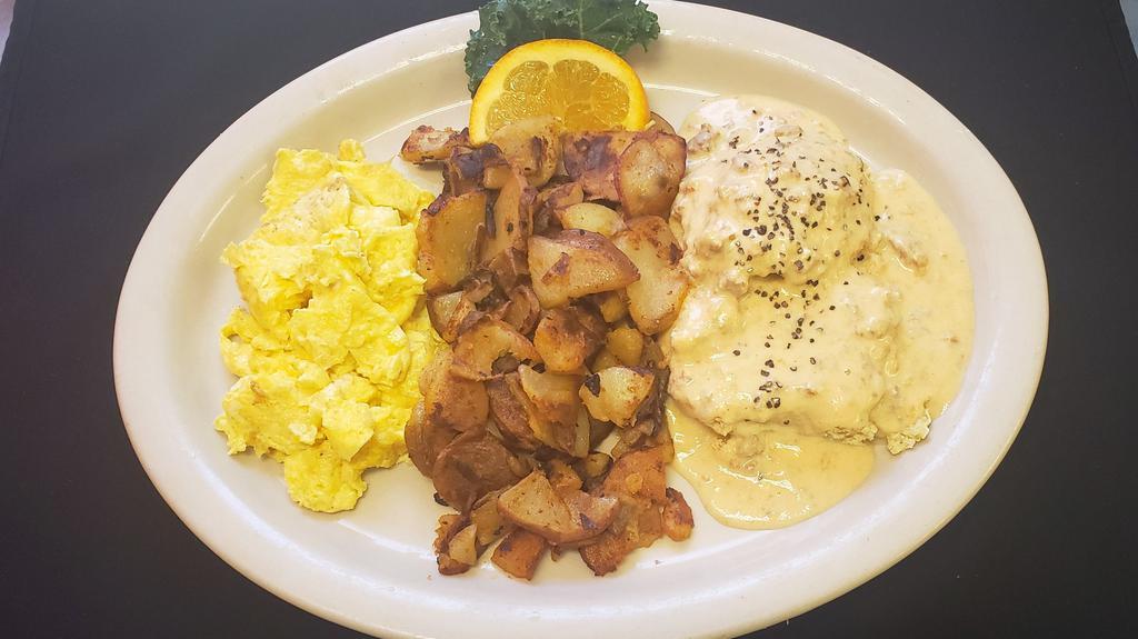 Italian Sausage Biscuits And Gravy · Home style biscuits smothered with gravy, two eggs and home fries.