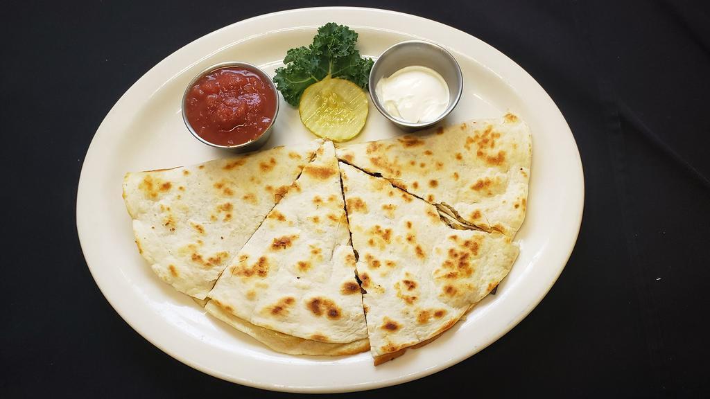 Quesadilla · Flour Tortilla with peppers, onion and melted colby jack cheese inside.  Served with salsa and sour cream.
Can add chicken or Steak