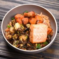 Brussel Sprout Sweet Potato Bowl · Your choice of meat and base with roasted Brussel sprouts, sweet potatoes, and choice of dre...