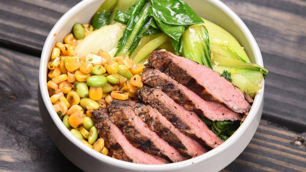 Bok Choy Sweet Potato Bowl · Your choice of meat with and base with baby bok choy, sweet potatoes, and choice of dressing.