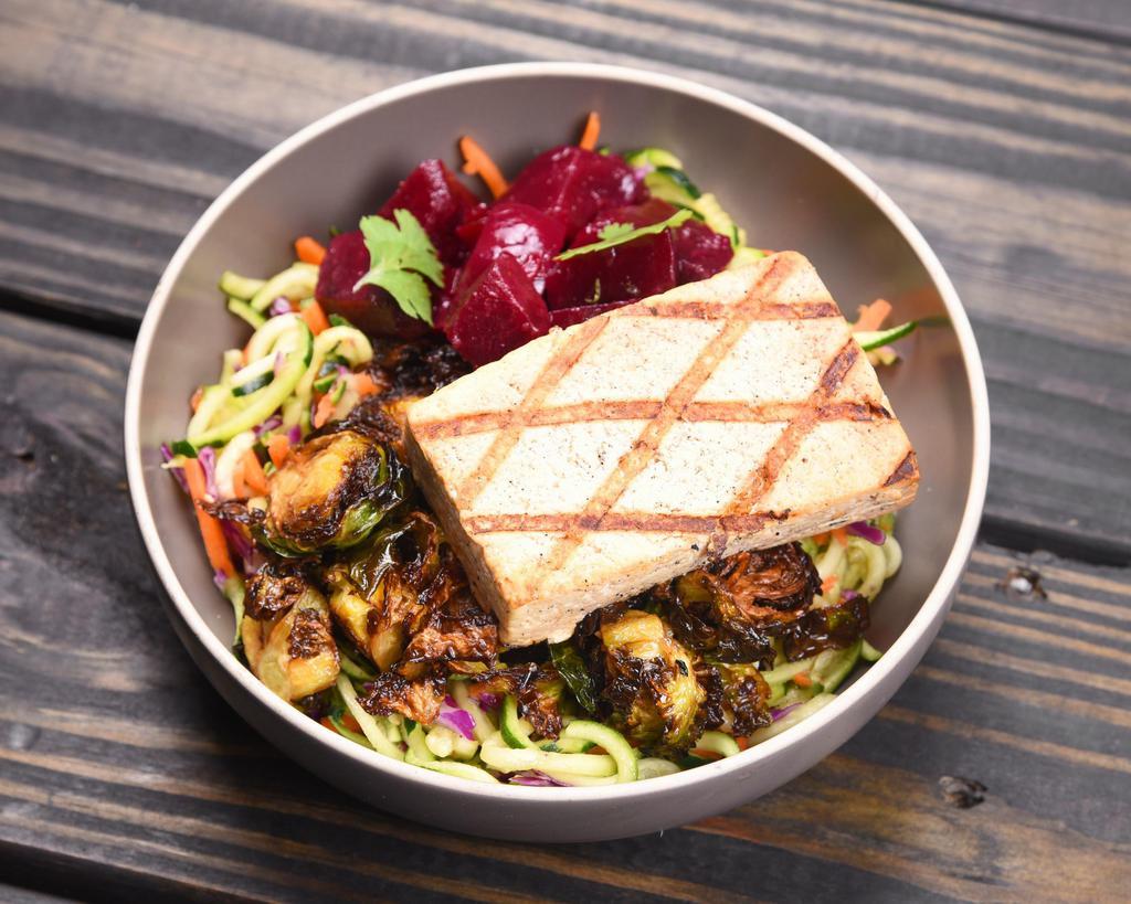 Brussel Sprouts Beet Bowl · Your choice of meat and base with roasted brussel sprouts, yuzu beet salad, and choice of dressing.