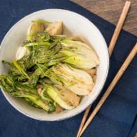 Baby Bok Choy · Baby Bok Choy with ginger, garlic, soy, and toasted sesame oil. Contains soy. Vegan.