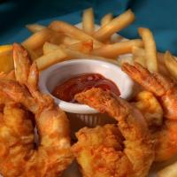 Fried Shrimp Basket & Fries · Breaded butterfly shrimp 6 pieces and fries with ketchup on the side.