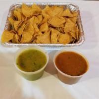 Salsas · 1 red salsa one green salsa and medium tray of chips