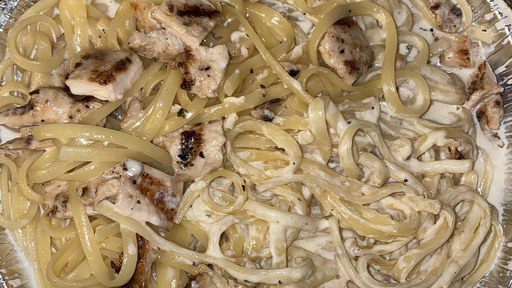 Pasta With Alfredo Sauce & Chicken  · Pasta cooked al dente and tossed in our creamy homemade alfredo sauce. With chicken.