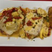 Pollo Valdostano · Chicken breast layered with prosciutto, fontina cheese, sundried tomatoes, artichoke hearts ...