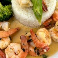 Garlic Shrimp · Sauteed jumbo shrimp served with white rice & broccoli, serrano chili, white wine - garlic s...