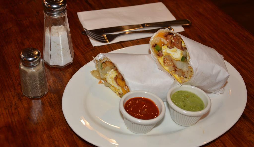 Breakfast Burrito · Home Fries, Bacon, Two Free Scrambled Egg & Mix Cheese