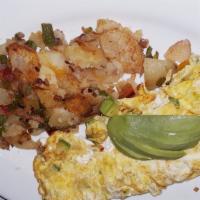 Avocados Omelette · Three Free Range  Eggs Combined w/ Oaxacan Cheese & Mexican Hass Avocados