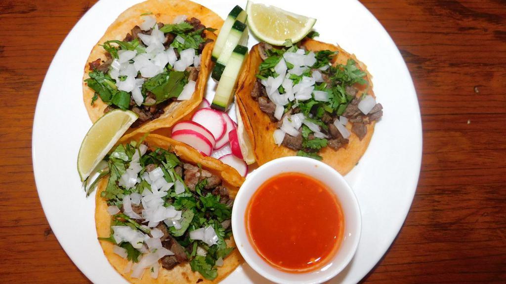 3 Mexican City Style Tacos · Prepared with your favorite meat asada, pollo, chorizo, suadero, carnitas, al pastor