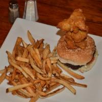 Buffalo Burgers (With Signature Fries) · 6 oz beef burger, buffalo chicken wing, melted chedder cheese, topped with buffalo sauce, le...