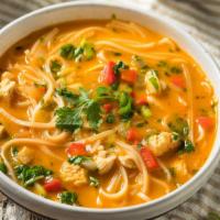 Curry Chicken Pho Noodle Soup · Grill Chicken.  with rice noodles, served with Curry flavor broth, onions, scallions, and le...
