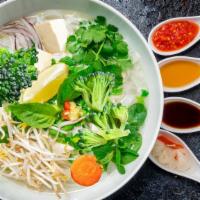 Vegetarian Pho Noodle Soup · Mixed vegetables, with rice noodles, served with vegetarian broth soup, onions, scallions, a...
