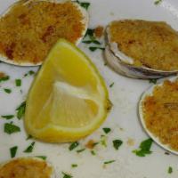 Clams Oreganato  · Littleneck clams baked with seasoned breadcrumbs.