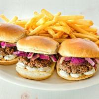 Beach Burger Sliders · Three juicy mini-burgers topped with peppered mayo and sauteed onions on lightly toasted bun...