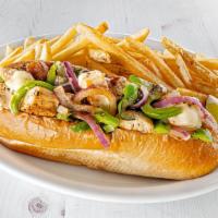 Chicken Philly · Thinly sliced grilled chicken piled high with sauteed onions and peppers then topped with me...