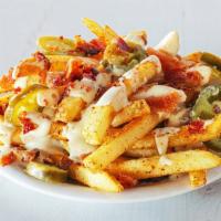 Bacon Jalapeno Cheese Fries · Natural-Cut Fries covered with warm queso cheese, bacon and jalapenos.