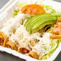 Flautas · Four rolled up tortillas filled with your choice topped with sour cream and cheese served wi...