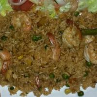 Arroz Con Camarones · Shrimp, rice, peas & carrots, served w/ salad or french fries.