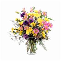 Tf185-4 - Thoughtful Expressions · One arrangement with pink alstroemeria, yellow carnations, lavender daisies and purple lisia...