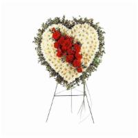 Tf189-7 Tribute Heart · Each heart is covered with white chrysanthemums, accented with a cluster of red carnations a...