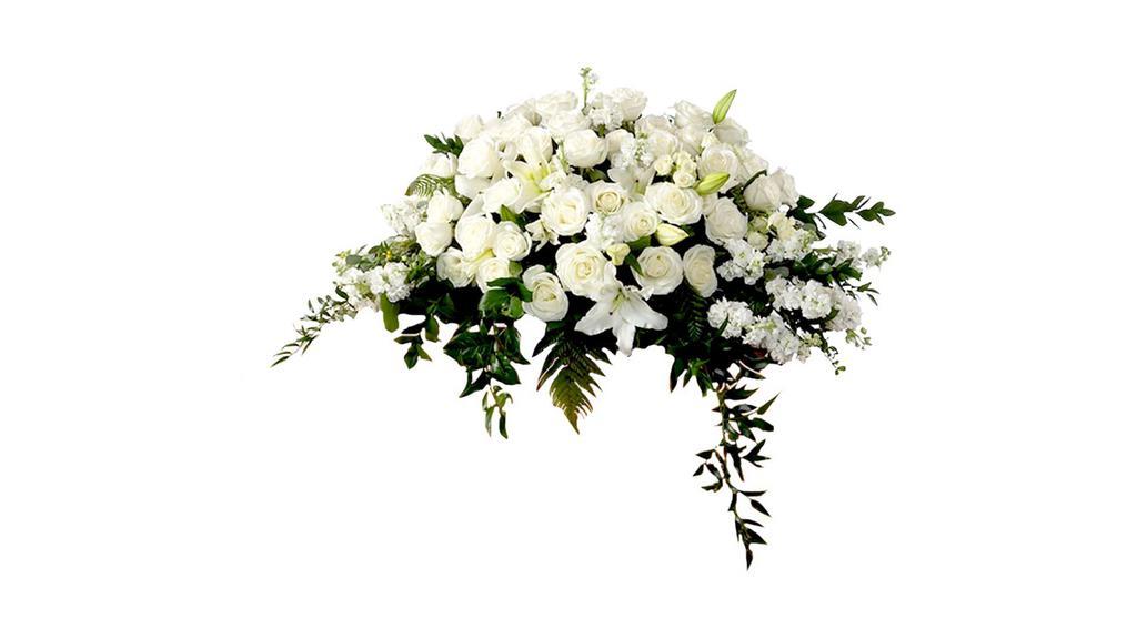 Peace By Bloomnation™ · An all white tribute, this half casket spray is pure in color and heart. Featuring a variety of white flowers and greenery, this elegant half casket spray compliments the beauty of life.