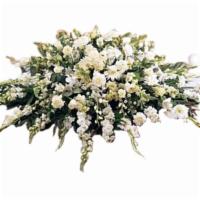 Tf195-3 Deluxe Pure White Casket Spray · Symbolizing humility and reverence, the white flowers of this elegant spray create a white-o...