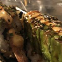 Monkey (Signature) · Shrimp tempura roll topped with avocado sweet and chili house trio sauce.