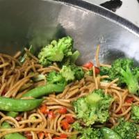 Vegetable Vegan Lo Mein · Plant Based Pasta with Asian flavors  with fresh veggies