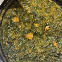 Chana Saag · Fresh spinach & chickpeas cooked with the spices.