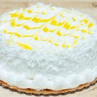 Lemon Coconut Cake 8' · Vanilla sponge layered and filled with lemon filling, topped with fresh whipped cream and co...