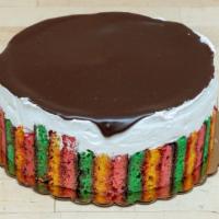 Rainbow Cookie Cake 7' · Yellow sponge layered in strawberry filling with rainbow cookies on the outside, topped with...