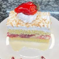 Tres Leches 8’ Cake  · 3 milks sponge cake with strawberry filling and topped with whipped cream. 8’ cake feeds 10-...