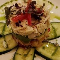 Panzanella Di Granchio · Jumbo lump crab meat, marinated Italian bread, red onions, tomato, avocado, and cucumber.