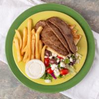 Beef Gyro Platter · Sliced spiced beef with lettuce, tomato, onions and tzatziki sauce, Served with greek salad.