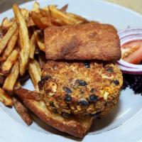 House-Made Vegan Burger · Vegan. black & cannellini beans/corn/red onion/red peppers cilantro lime aioli/on salt bread...