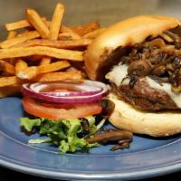 Mushroom Swiss Burger · All natural beef from 7 Bridges Farm in Lima NY, mushrooms, onions, Swiss cheese, brioche bu...