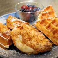 Chicken & Waffles · an Amish-raised, all natural, buttermilk fried chicken breast on a fresh fluffy Belgian waff...