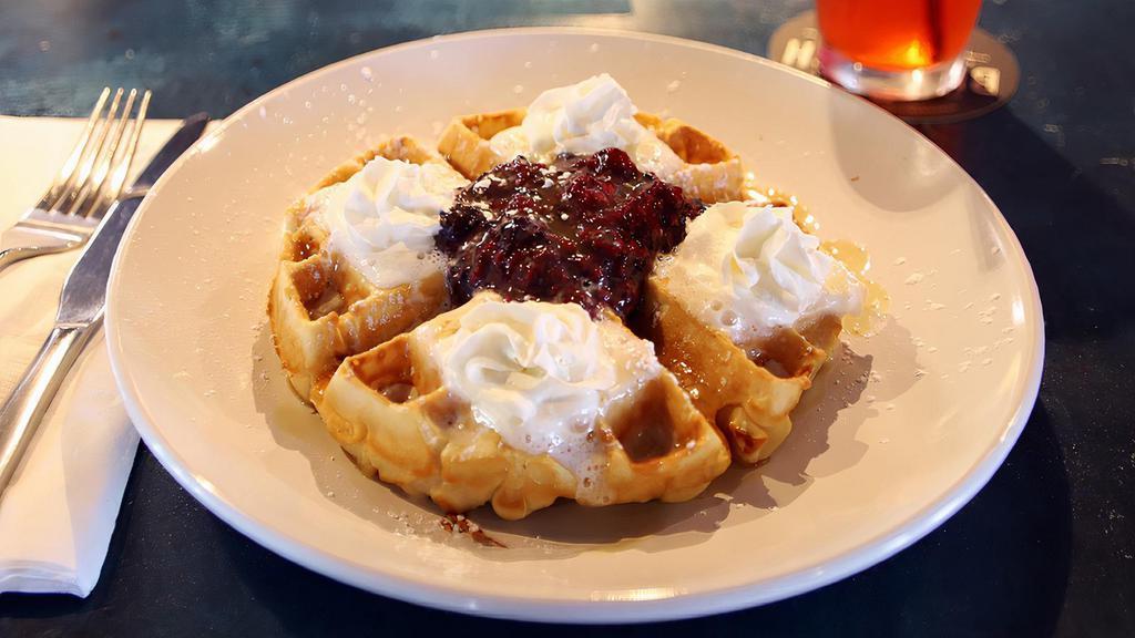 Belgian Waffles · Vegetarian-a fresh & light fluffy waffle/dolce infused maple syrup