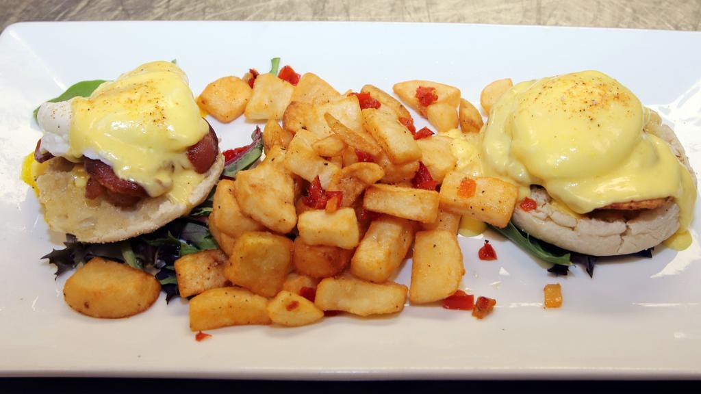 Eggs Benedict Pancetta · a pair of English muffins topped with poached eggs/hollandaise sauce/crispy imported Italian pancetta