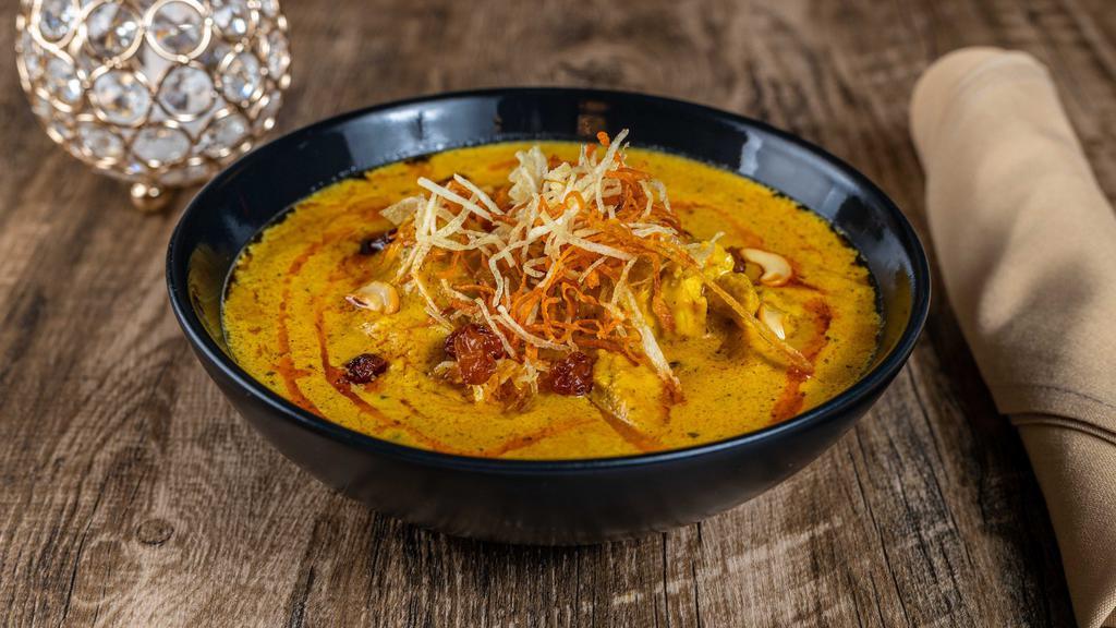 Murgh Zafrani Korma · Gluten Free. A mild spiced creamy curry of cashew sauce with dash of saffron.*Spicy*