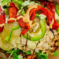 El Paso Chicken Sandwich · Roasted chicken breast with roasted red, green peppers, sautéed onions, pepper jack cheese, ...